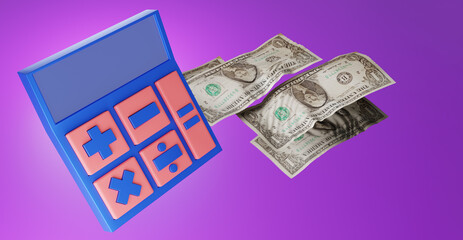 Poster - Finance audit. Calculator and dollar bills. Calculator symbolizes accounting audit. Dollar banknotes on purple. Accounting for cash costs. Tax calculator. Audit company financial statements. 3d image
