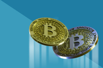 Aufkleber - bitcoin coins. digital decentralized currency. blockchain money. cryptocurrency coins on turquoise. 