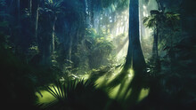 Dark Rainforest, Sun Rays Through The Trees, Rich Jungle Greenery. Atmospheric Fantasy Forest. 3D Illustration.