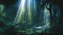 Dark Rainforest, Sun Rays Through The Trees, Rich Jungle Greenery. Atmospheric Fantasy Forest. 3D Illustration.