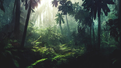 dark rainforest, sun rays through the trees, rich jungle greenery. atmospheric fantasy forest. 3d il