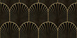Seamless golden Art Deco scallop palm fan line pattern. Vintage abstract geometric gold plated high relief sculpture on dark black background. Modern elegant metallic luxury backdrop. 3D rendering.