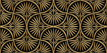 Seamless Golden Art Deco Palm Fan Or Shell Line Pattern. Vintage 1920 Abstract Geometric Gold Plated Relief Sculpture On Dark Black Background. Modern Elegant Metallic Luxury Backdrop. 3D Rendering.