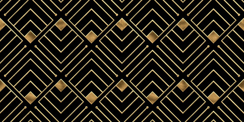 Wall Mural - Seamless golden Art Deco diamond line pattern. Vintage abstract geometric gold plated relief sculpture on dark black background. Modern elegant metallic luxury backdrop. High resolution 3D rendering.