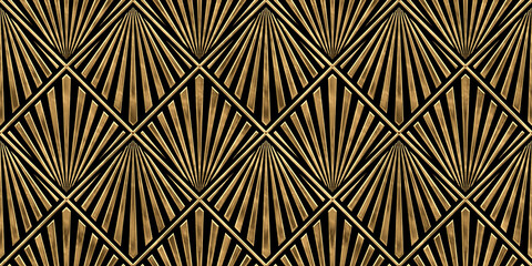 Seamless golden Art Deco diamond palm fan line pattern. Vintage roaring 20s abstract geometric gold plated relief sculpture on dark black background. Elegant shiny luxury backdrop. 3D rendering.