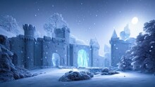 Ancient Stone Winter Castle. Fantasy Snowy Landscape With A Castle. Magical Luminous Passage, Crystal Portal. Winter Castle On The Mountain, Winter Forest. 3D Illustration