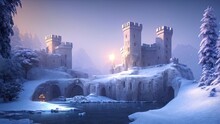 Ancient Stone Winter Castle. Fantasy Snowy Landscape With A Castle. Magical Luminous Passage, Crystal Portal. Winter Castle On The Mountain, Winter Forest. 3D Illustration