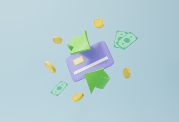 Poster - Cashback and money refund concept. Credit card among banknotes and coins on light background. 3D render, 3D illustration.