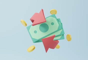Poster - Cashback and money refund concept. Dollar bills and coins with both side arrow on light background. 3D render, 3D illustration