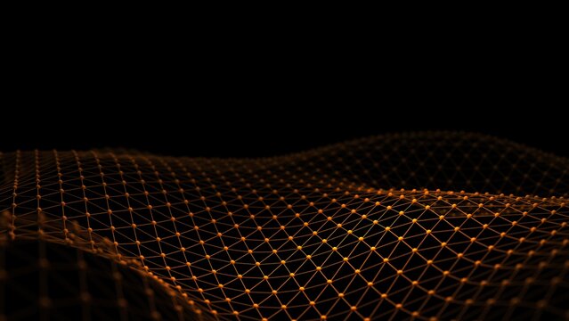 Yellow atom structure on black-white background under spot light environment. Concept 3D CG of biological science, network technology and human strategy.