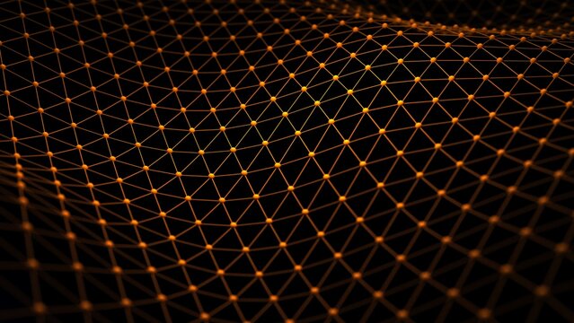 Yellow atom structure on black-white background under spot light environment. Concept 3D CG of biological science, network technology and human strategy.