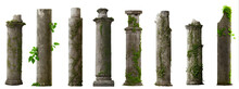 Set Of Antique Columns, Collection Of Overgrown Pillars Isolated On White Background 