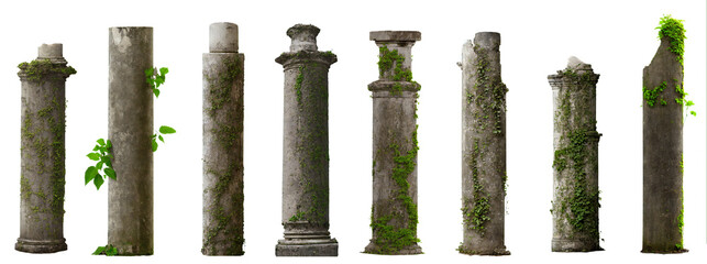 Wall Mural - set of antique columns, collection of overgrown pillars isolated on white background 