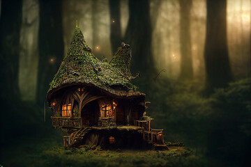 Wall Mural - elf house in the forest. High quality illustration