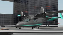 Electric VTOL Passenger Aircraft Taking Off From Helipad. Urban Passenger Mobility Concept. 3D Rendering Animation.