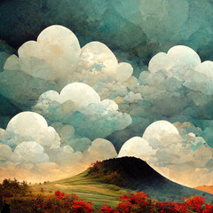 Poster - Dramatic Clouds Pattern on a Hill Anime Background Illustration Landscape. High quality illustration