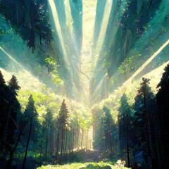 Wall Mural - Light and forest - Day , Anime style, light rays. High quality illustration