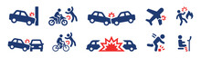 Accident Icon Set. Containing Car Collision With Bike, Motorbike, Pedestrian, Car And The Wall, Injury, Fire And Plane Crash Icons. Vector Illustration.