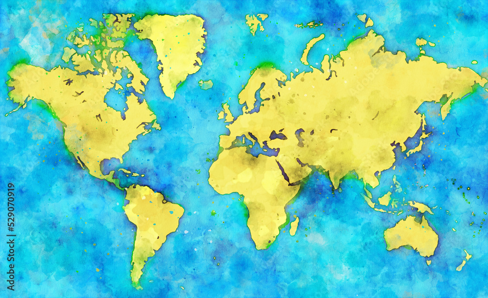 World map with continents and oceans, watercolor art Stock Illustration ...
