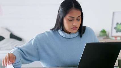 Poster - Education, student and woman typing on laptop, reading from a book and research online. Elearning, notes and busy Indian girl studying on computer for information or working on english assignment.