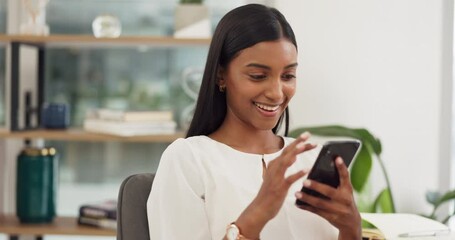 Poster - Phone, search and woman on social media via the internet to chat online and look at viral content and trends. Post it, happy and young Indian girl browsing and scrolling on a fun network app or web