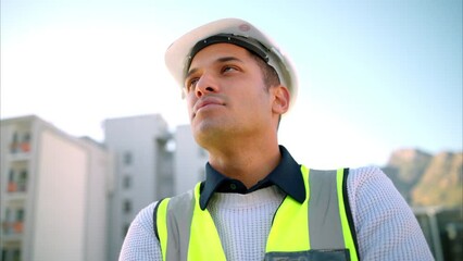 Poster - Contractor, building engineer and construction worker thinking, planning and dream of architecture ideas, property vision and industrial goal in urban city. Supervisor, manager and inspection worker