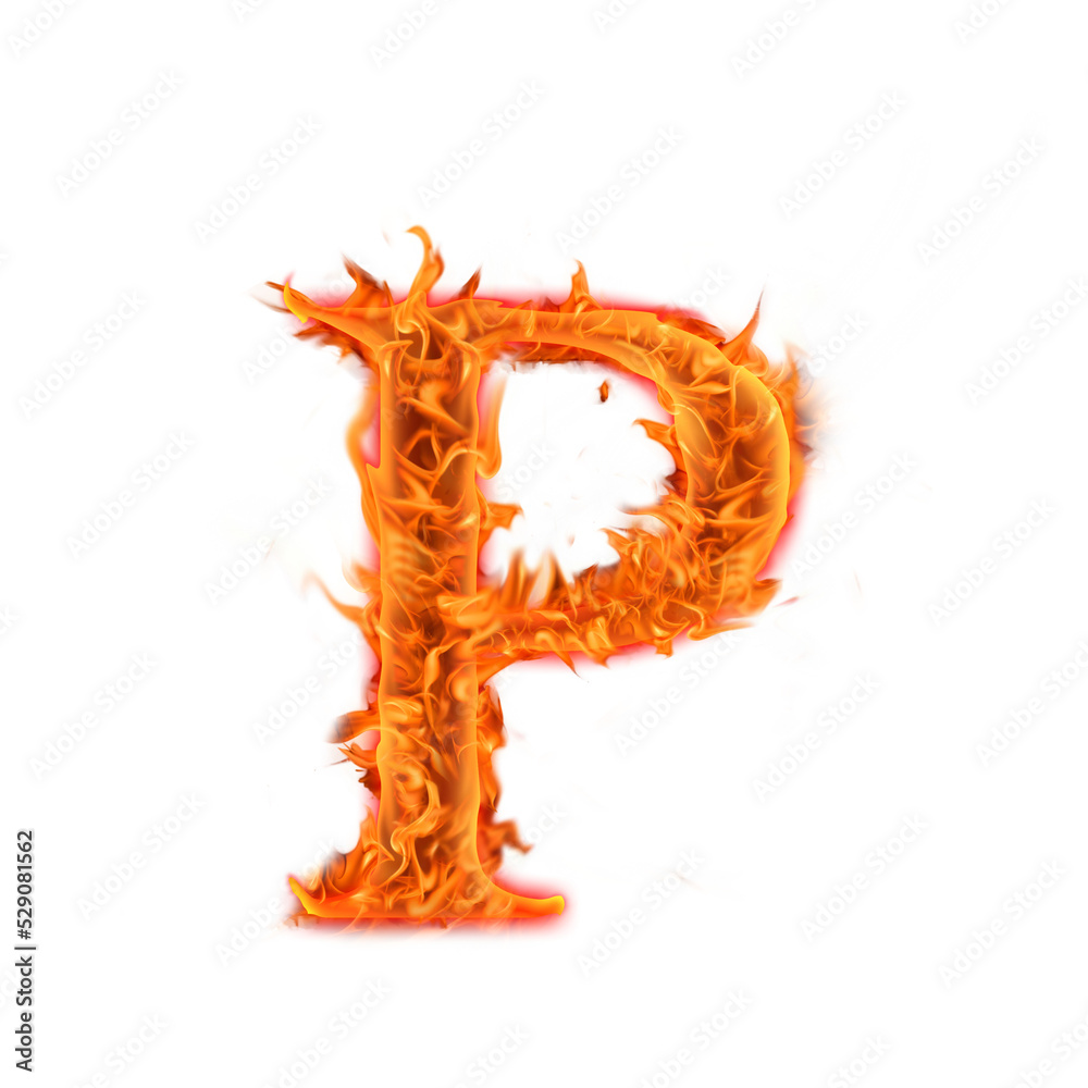 Alphabet Letter P. Fire flames on transparent background, realistic fire effect with sparks.  