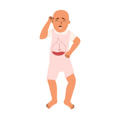 The child suffers from anemia. Little baby with low hemoglobin. Vector illustration in flat style