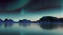 Beautiful Sky With Aurora And Stars. Green Northern Lights Background With Copy-space.