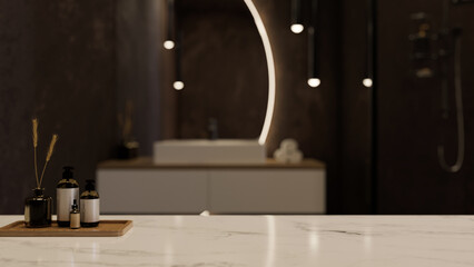 White marble tabletop with bath accessories set and copy space over blurred modern luxury bathroom