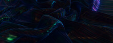 Black Banner With Iridescent Neon Accents. Ripples And Swirls Create A Luxury Surface Texture.