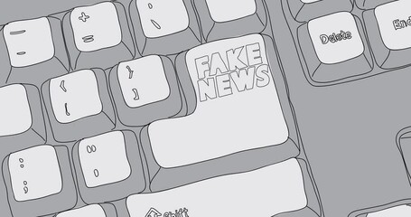 Poster - Computer Keyboard with Fake News text. Close-up of an electronic Computer Device part, keypad. Dancing thin lines.