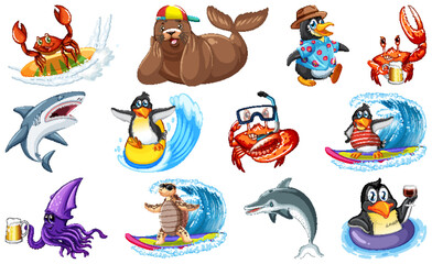 Canvas Print - Set of various sea animals cartoon characters