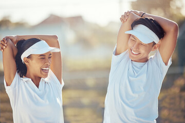 Sticker - Tennis players stretching arms for a warm up exercise for the joints or muscles for outdoor sport game. Fit, active and happy man and woman athletes preparing for training or practice for a match.