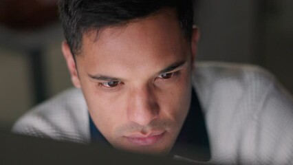 Poster - Face of businessman reading email on computer, planning coding strategy for startup company and working on data for online programming website in work office. Software developer doing code for app