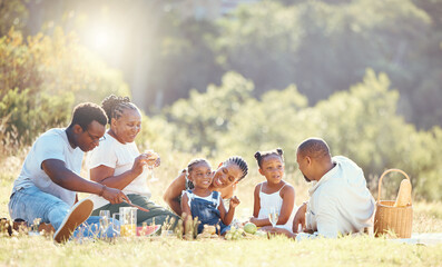 Sticker - Black family, nature picnic and bond with children, parents and grandparents in remote countryside field in summer. Mother, father or senior with girls eating food on park grass with background trees