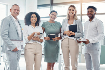 Poster - Business corporate teamwork portrait, happy agency and successful collaboration, smile and motivation company staff in modern office. Diversity people, proud professionals vision and unity together