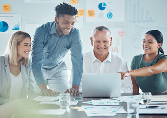 Vision, goals and business people reading laptop, happy and excited about email or feedback in an office. Corporate employee team discussing design and creative idea, sharing strategy and planning