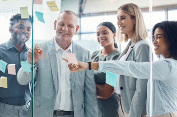 Poster - Business people planning on sticky note in meeting, post it paper for creative advertising idea and team collaboration for marketing project. Teamwork for global company strategy on glass in office