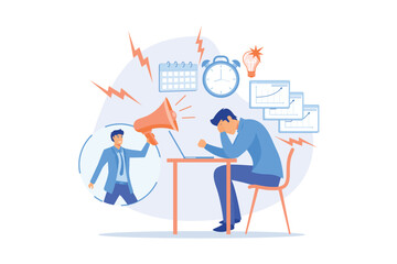 Poster - exhausted, frustrated worker, burnout. boss shout at employee, deadline. how to relieve stress, acut