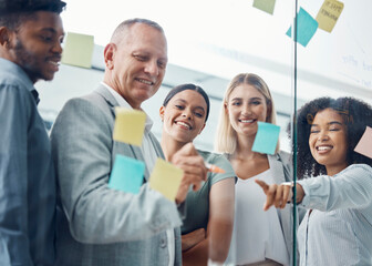 Aufkleber - Innovation, planning and team collaboration with business people writing schedule and plan on sticky notes. Corporate office employee group happy, excited about creative vision and mission strategy