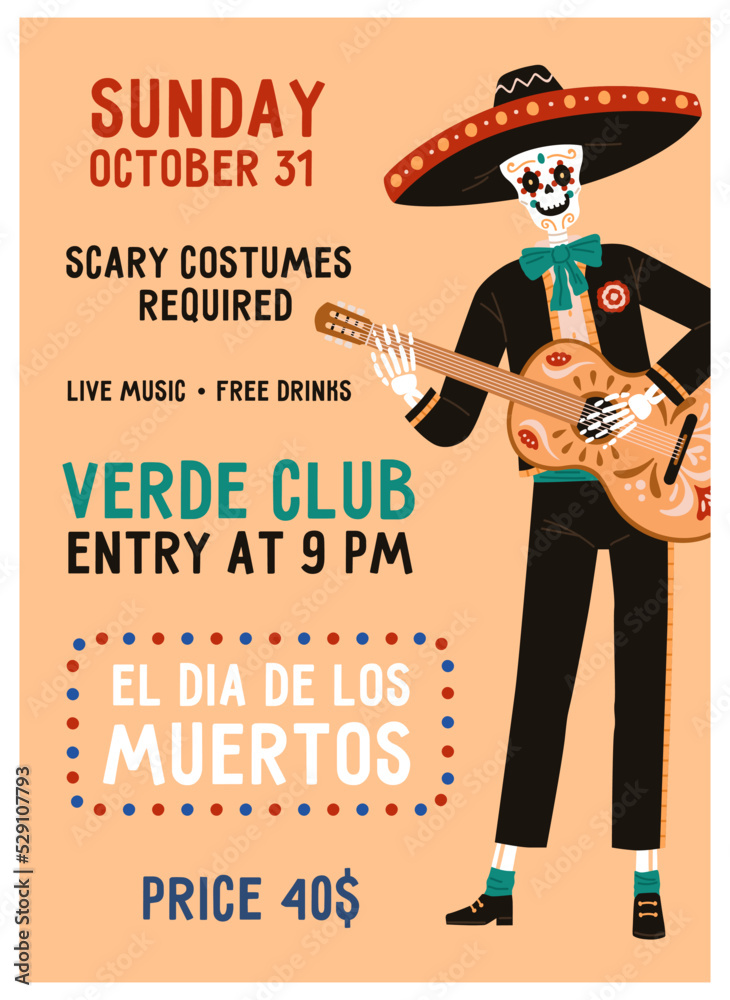 Mexican Day of Dead, Dia de los Muertos party poster template. Mexico ...