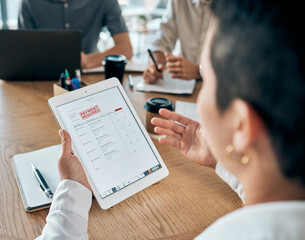 Aufkleber - Hands of business woman with tablet, debt or late payment in a meeting. Bank loan, tax invoice or negotiating price reduction on goods, customer or client purchase on tech in corporate office.