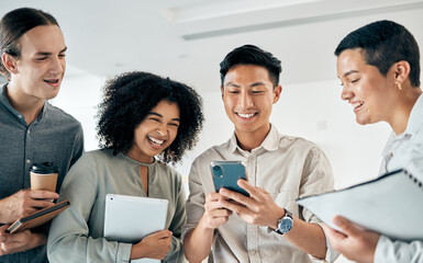 Poster - Phone, internet or communication with a work team networking on social media with a smile while on a break in the office. Business people with 5g mobile technology on the internet with a funny meme