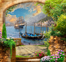 Illustration, Mediterranean Landscape, Sailing Ship Entered The Bay. Gondolas By The Canal. Photo Wallpaper, Mural.