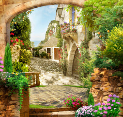 Stone arch. Beautiful Italian courtyard. Photo wallpapers. The fresco.