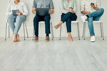 Aufkleber - Recruitment, job and hiring interview with people waiting for hire team using technology. Potential business office digital tech workers ready for contact us agency meeting on a computer and phone