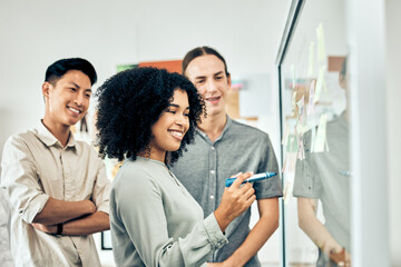 Poster - Diversity, teamwork and brainstorming, a team of startup employees with sticky notes in an office. Happy young black woman writing on a white board with idea from businessmen at workshop or meeting