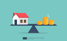 House And Coin Equilibrium On Seesaw. Real Estate Business Mortgage Investment And Financial Loan Concept. Real Estate Property Vector Illustration