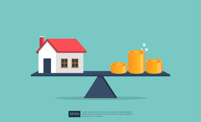 House and coin equilibrium on seesaw. Real estate business mortgage investment and financial loan concept. real estate property vector illustration